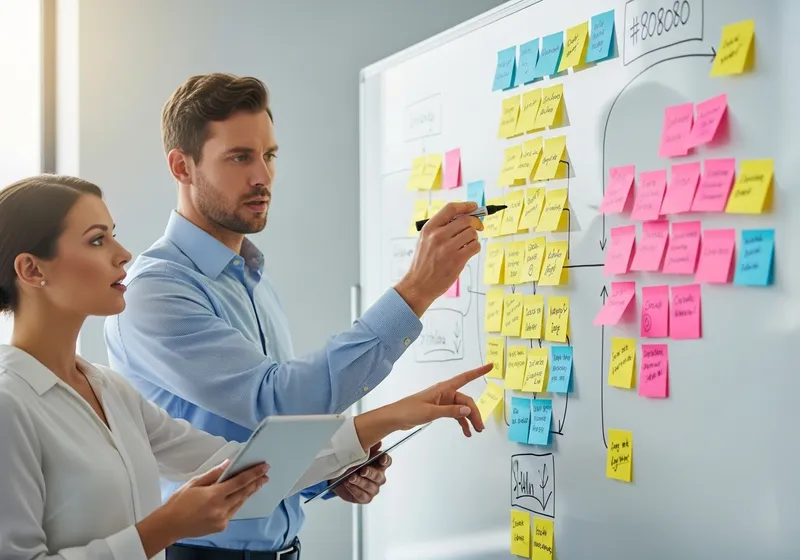 Phase 1 Analyse — consultants Jump Online cartographiant les processus métier d'une PME valaisanne sur un tableau blanc avec post-its à Sion, Valais