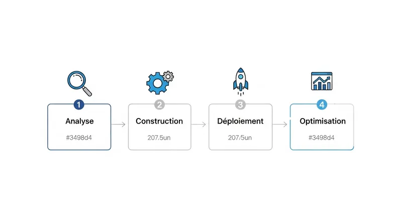 Infographie timeline du processus App Factory — livraison d'application métier en 30 jours à Sion