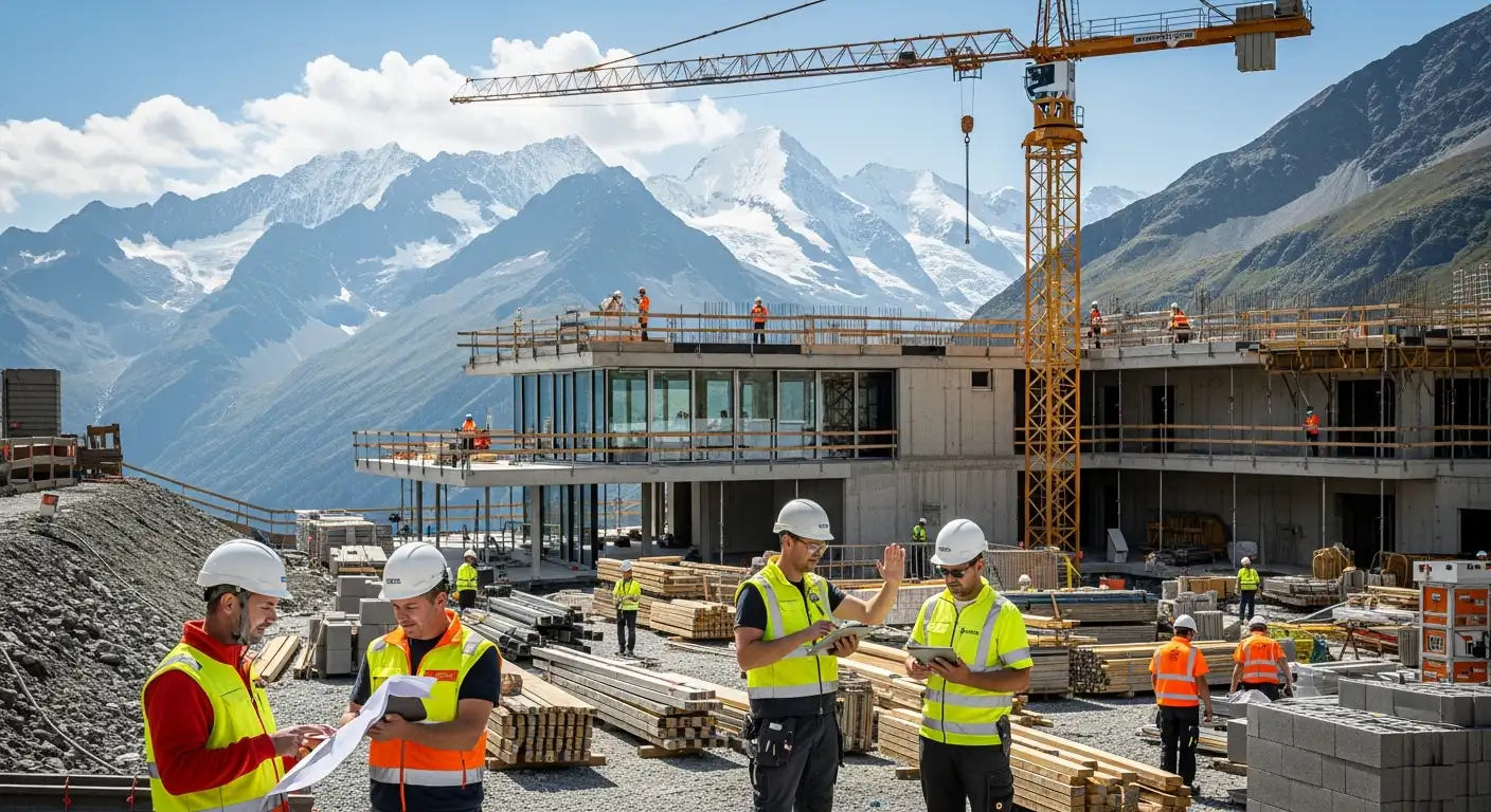 Chantier en Valais avec ouvriers utilisant tablettes et plans numériques — IT construction par Jump Online Sion