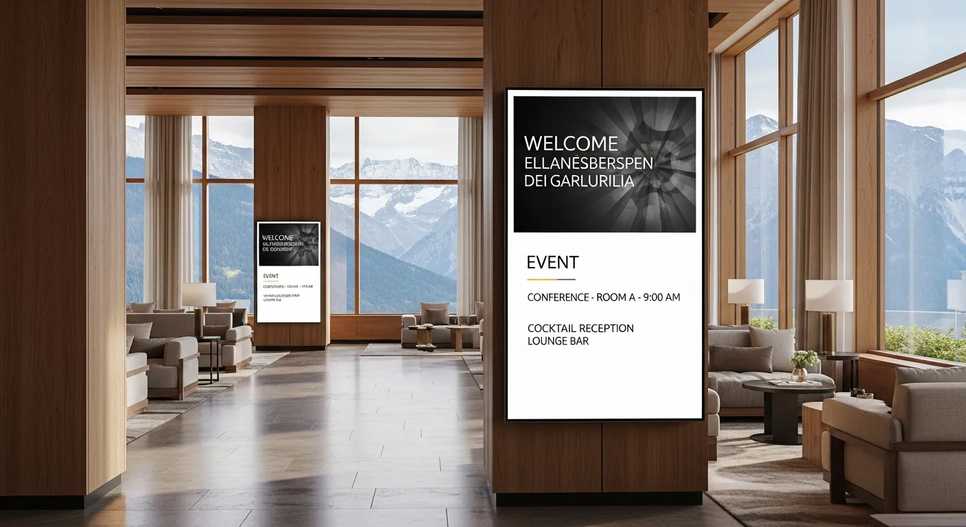 Écrans d'affichage dynamique dans le lobby d'un hôtel suisse — Digital Signage en Valais par Jump Online Sion
