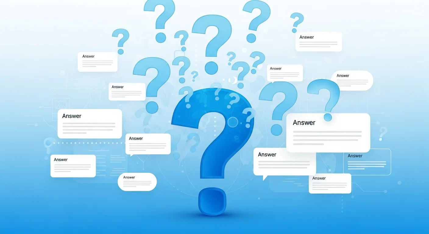 Base de connaissances FAQ avec bulles de questions et cartes de réponses — aide IT pour PME en Valais par Jump Online Sion