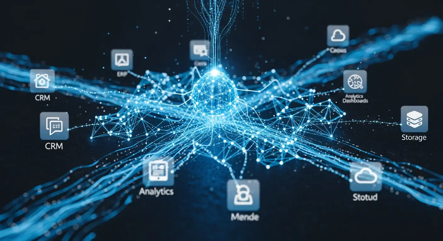 Réseau neuronal connecté aux applications métier — intégration IA pour PME en Valais par Jump Online Sion