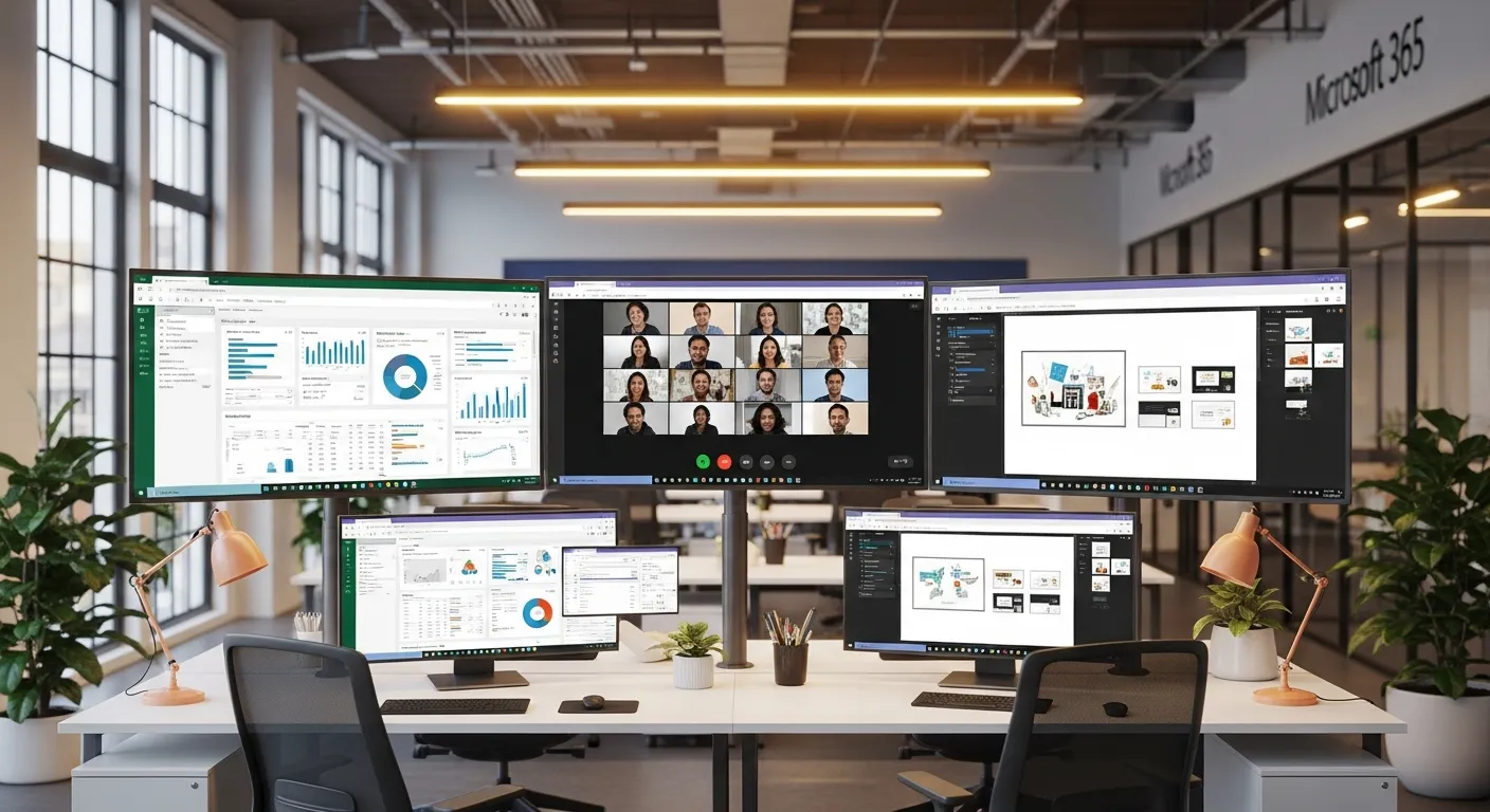 Suite de productivité Microsoft 365 sur plusieurs écrans dans un bureau moderne en Valais — Jump Online Sion
