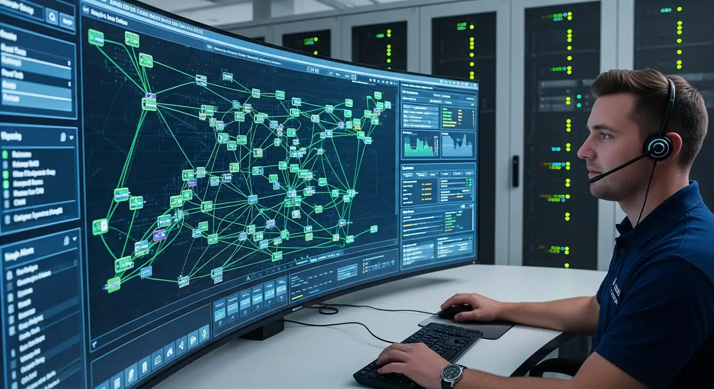 Technicien IT surveillant l'infrastructure serveur sur un dashboard — maintenance infogérance en Valais par Jump Online Sion