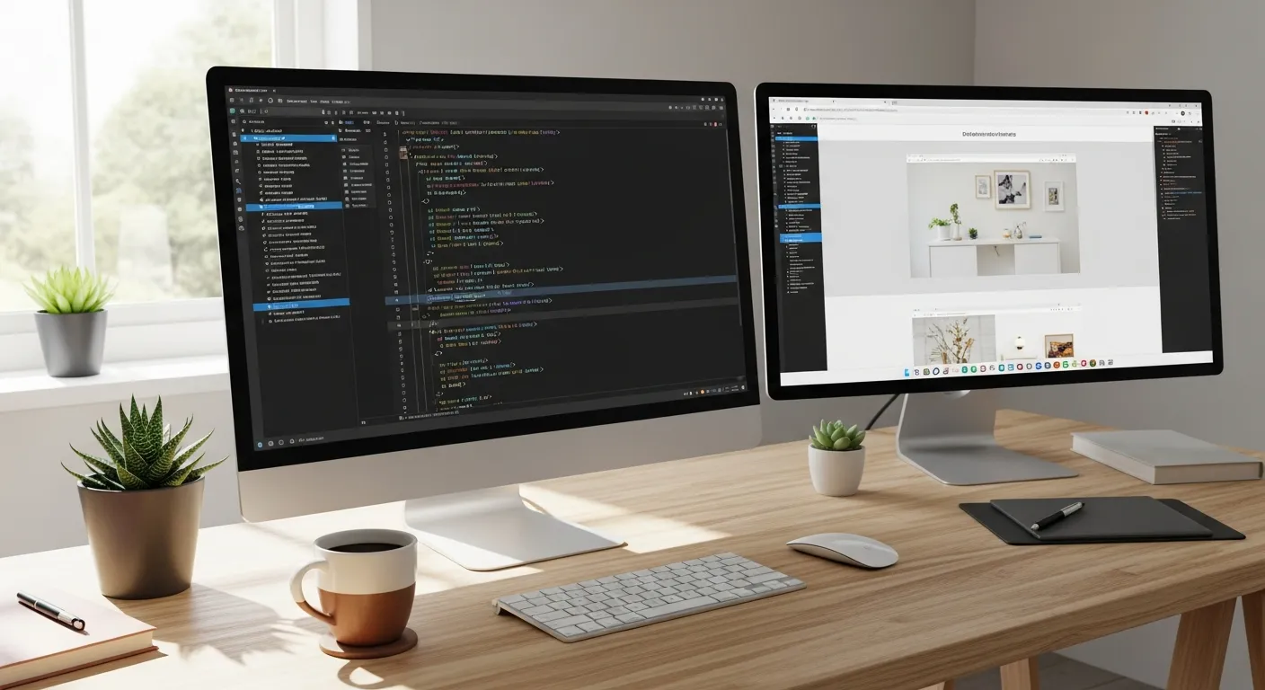 Espace de travail de développement web avec éditeur de code et preview de site — création web en Valais par Jump Online Sion