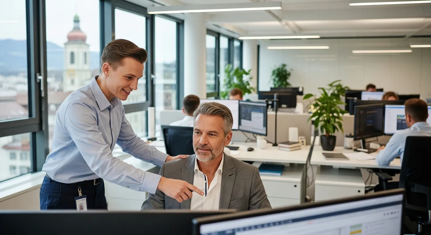 Technicien IT aidant un collaborateur à son bureau — support informatique PME à Sion par Jump Online